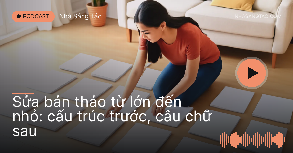 Người viết trải các trang bản thảo thành từng nhóm trên sàn nhà, nhìn từ trên cao