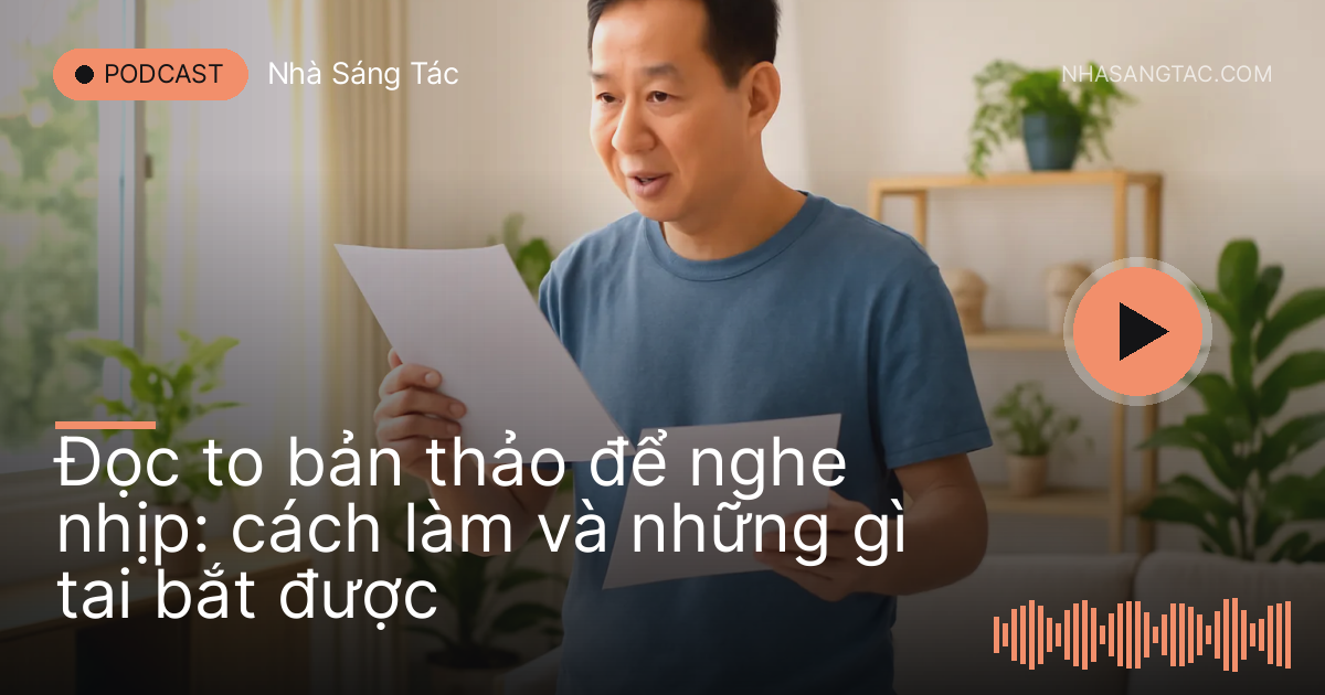 Người đàn ông vừa đi lại vừa đọc to các trang bản thảo trong phòng khách đầy nắng