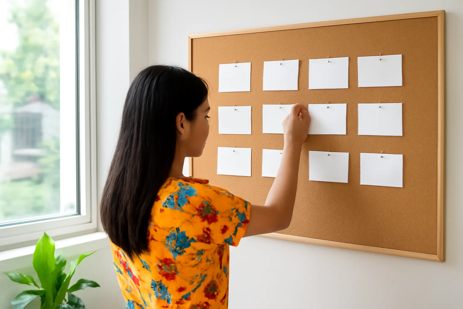 Người phụ nữ ghim thẻ giấy trắng lên bảng gỗ bần trong căn hộ sáng ở Hà Nội