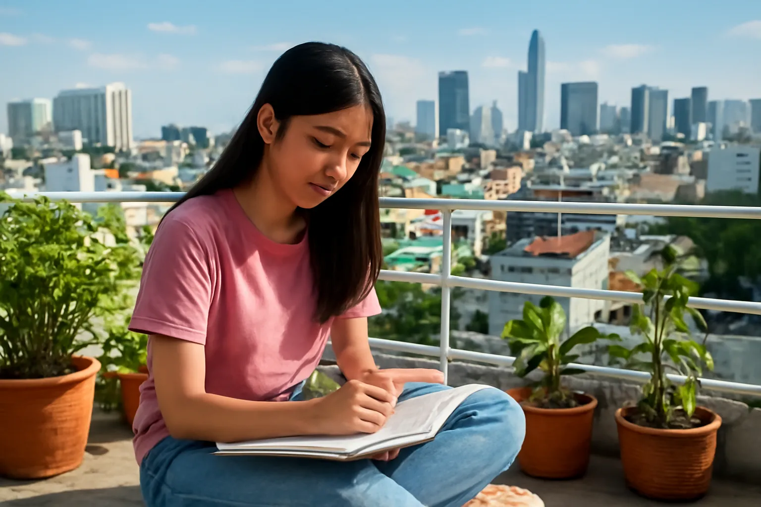 Thiếu nữ viết sổ trên sân thượng chung cư Sài Gòn nhìn ra thành phố