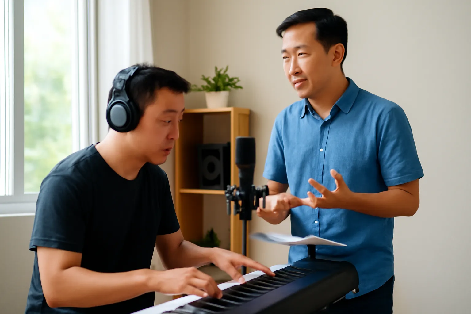Người viết lời và người soạn nhạc làm việc ở góc thu âm tại nhà với micro và tai nghe