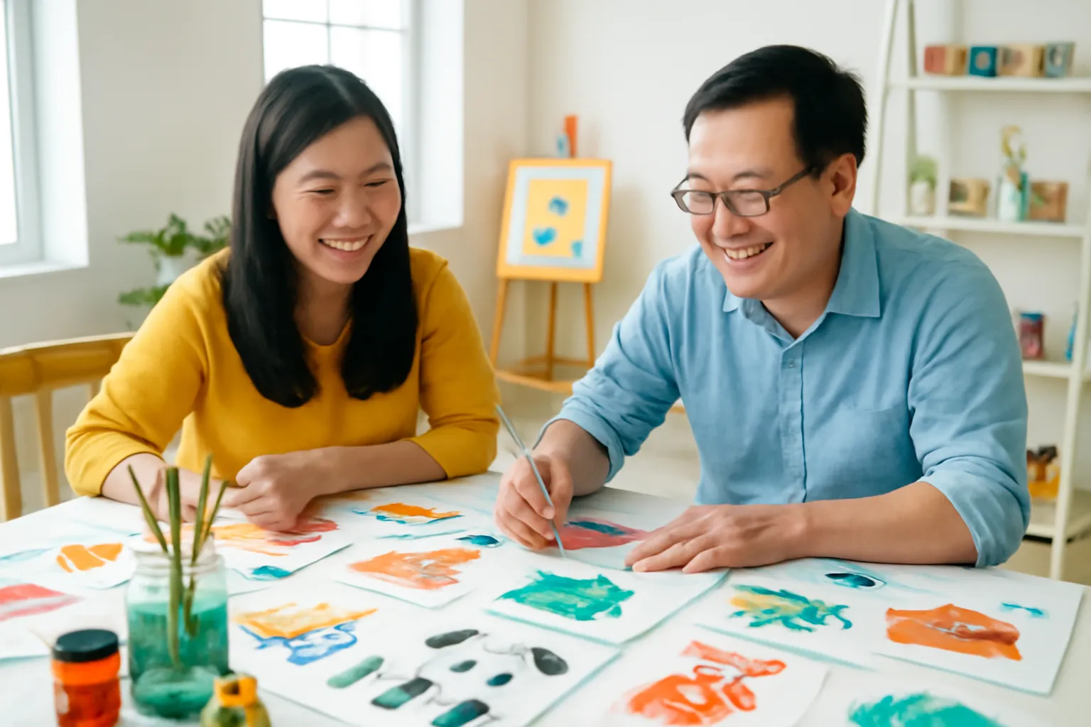 Người viết và hoạ sĩ cười vui bên những bức phác thảo con vật nhiều màu trong xưởng vẽ