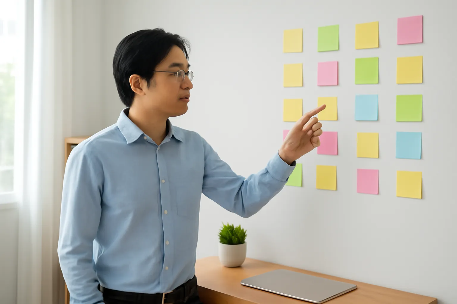 Bức tường dán đầy giấy ghi chú nhiều màu trong phòng làm việc nhỏ, người viết đang chỉ tay