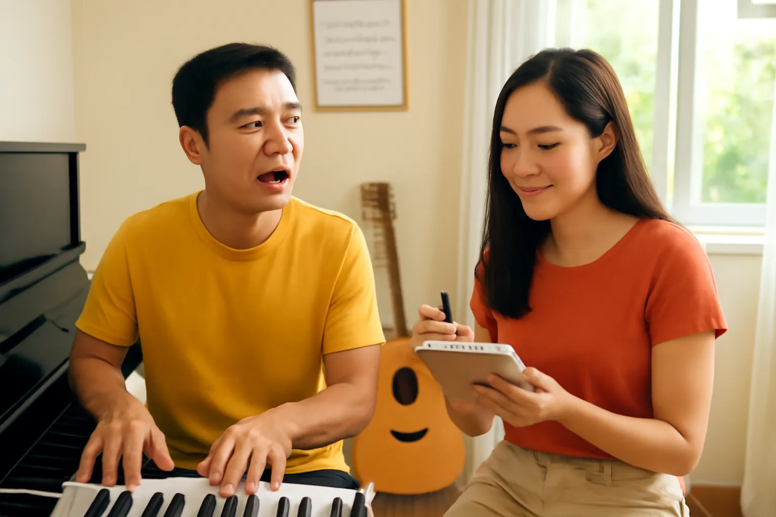 Hai người bên chiếc đàn piano đứng trong phòng nhạc nhỏ, một người hát, một người ghi chép