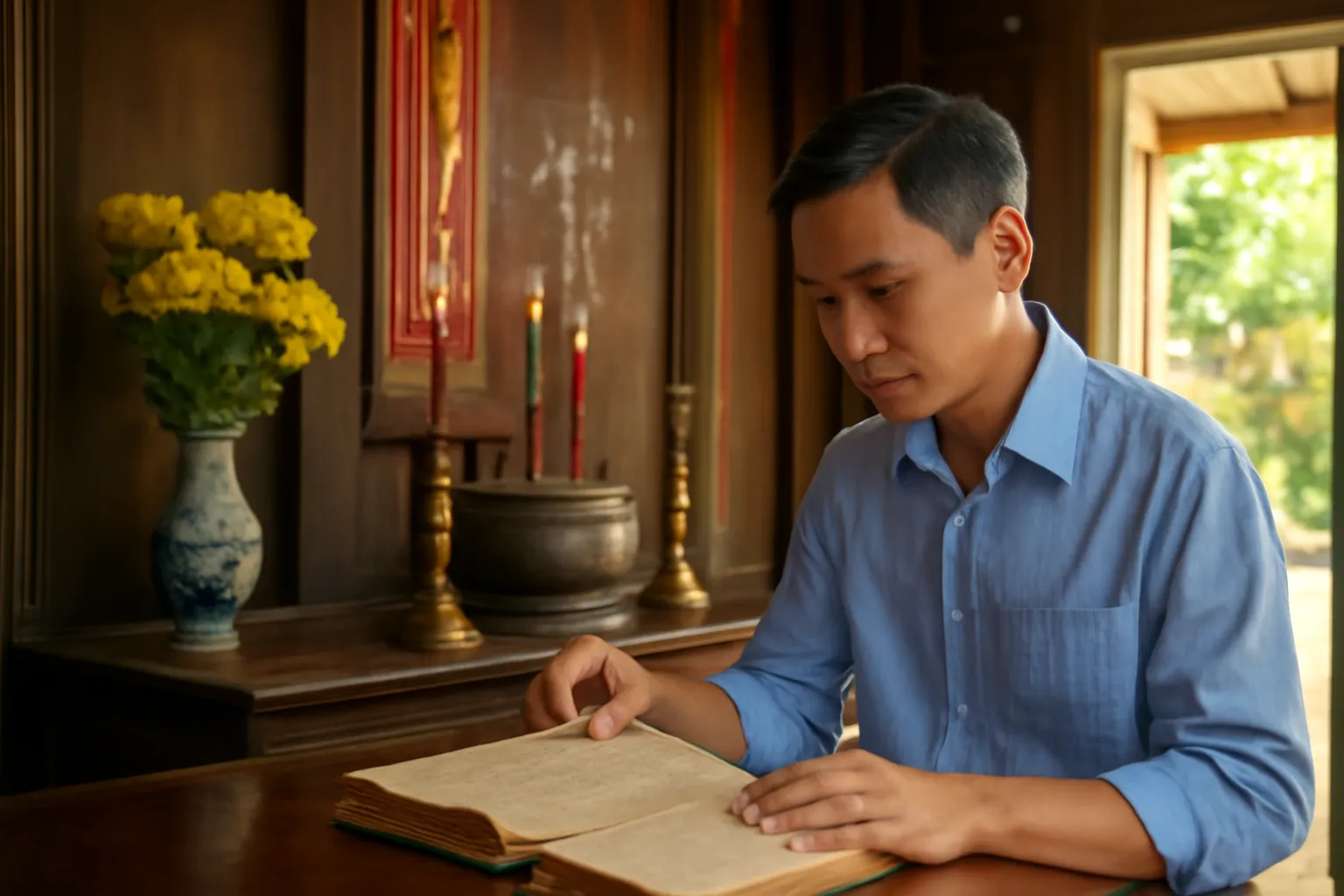 Người viết lật cuốn gia phả cũ với nét chữ mờ trong nhà thờ họ
