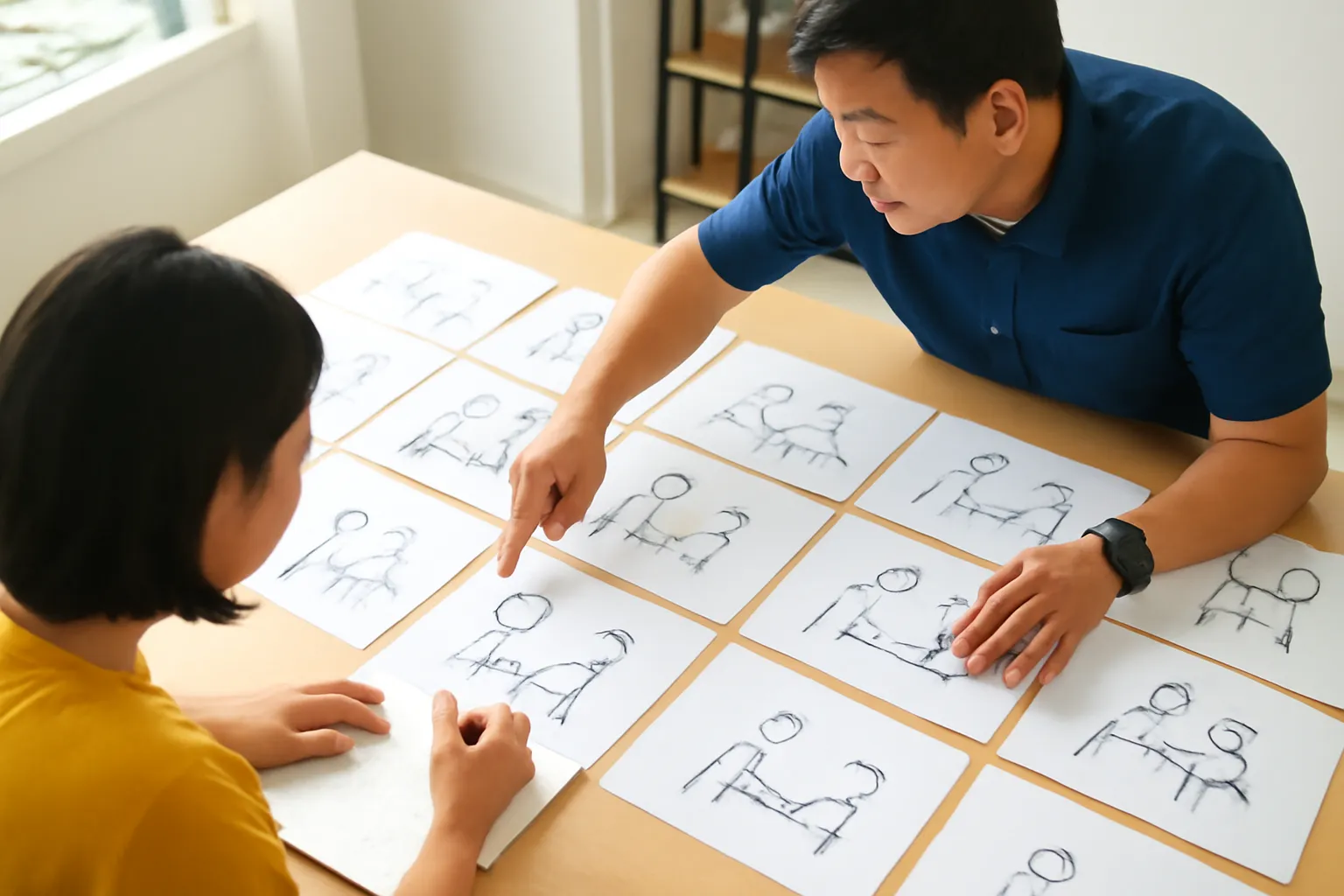 Những tờ phác cảnh hình người que trải trên bàn, đạo diễn đang chỉ tay