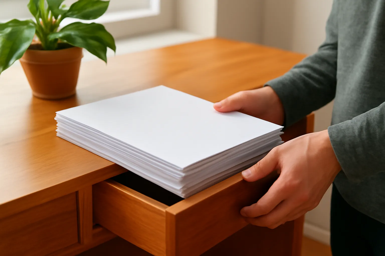 Bản thảo in được cất vào ngăn kéo bàn gỗ, cận cảnh bàn tay đóng ngăn kéo