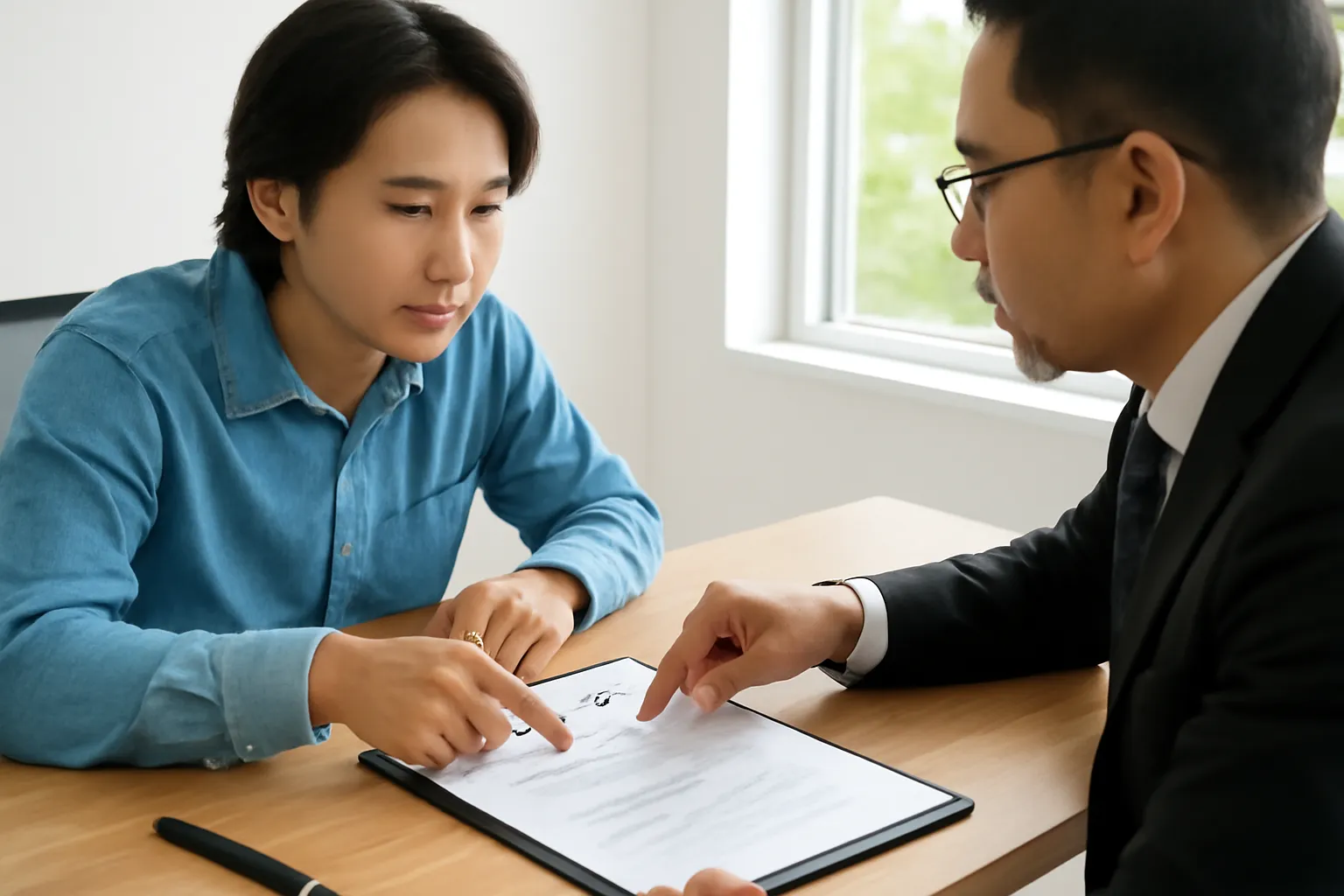 Người viết nhạc xem hợp đồng cùng luật sư trong văn phòng sáng, giấy tờ mờ