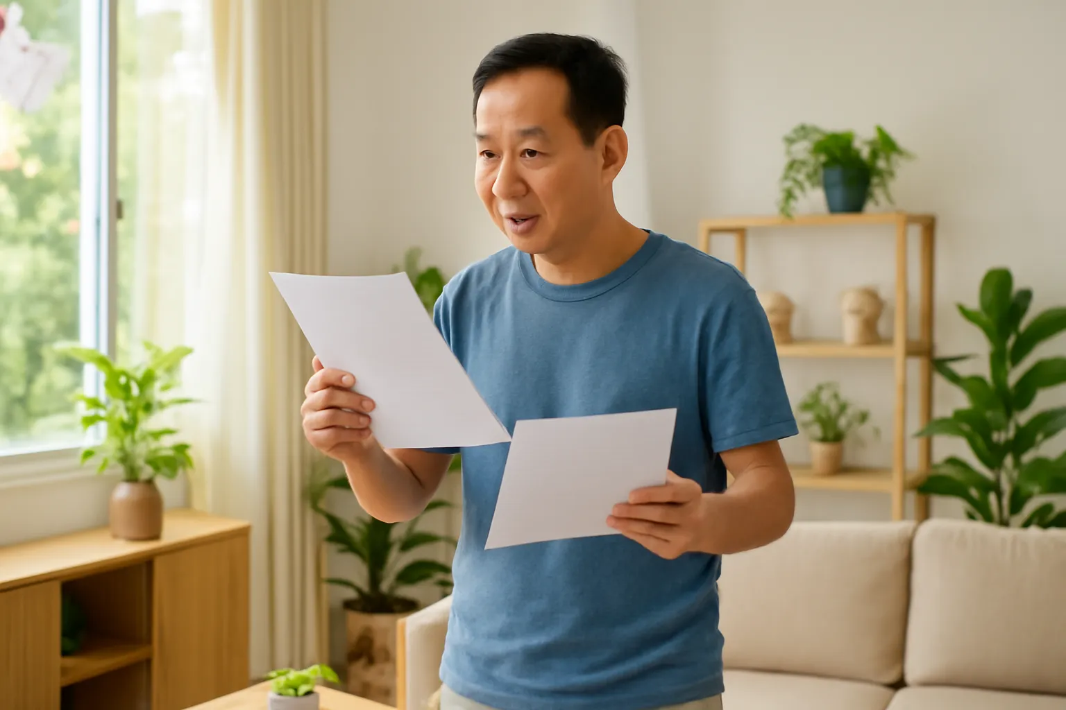 Người đàn ông vừa đi lại vừa đọc to các trang bản thảo trong phòng khách đầy nắng