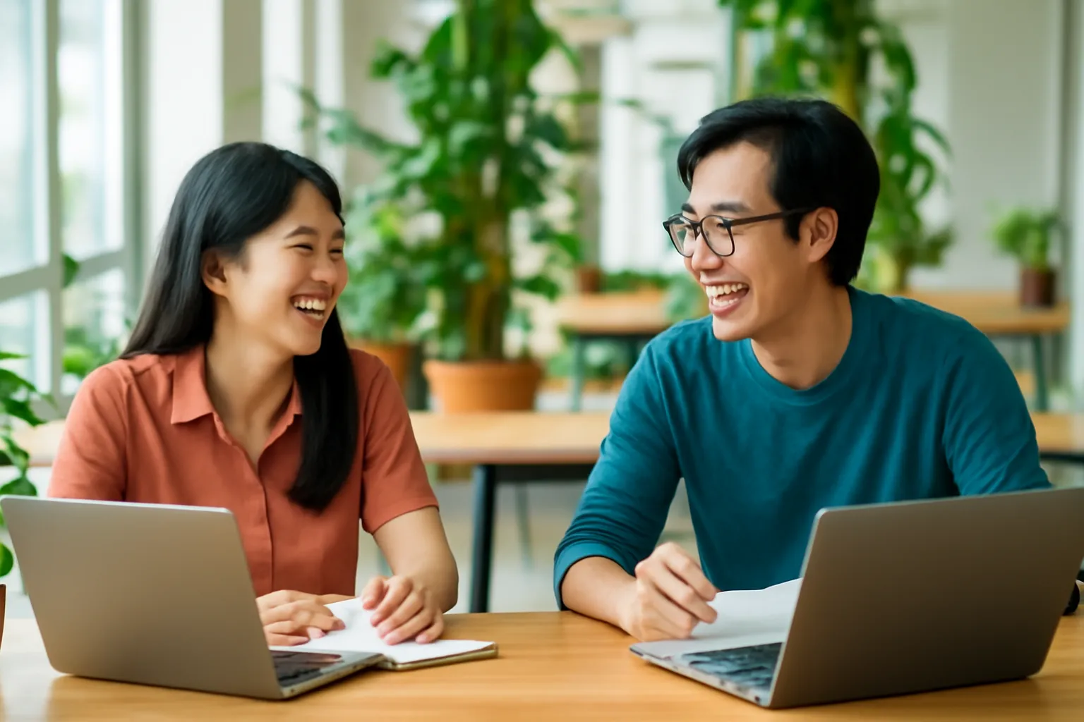 Hai người viết ngồi chung bàn dài với hai máy tính xách tay ở không gian làm việc chung