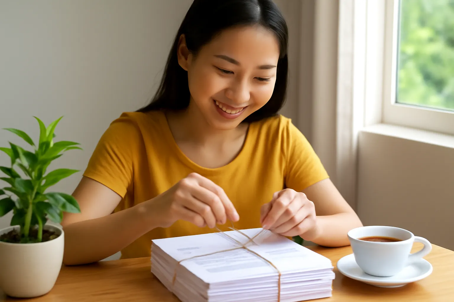 Người phụ nữ buộc chồng bản thảo bằng sợi dây, mỉm cười hài lòng