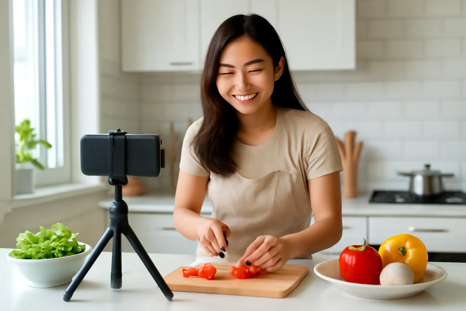 Bạn trẻ quay video bằng điện thoại đặt trên chân máy trong căn bếp sáng sủa