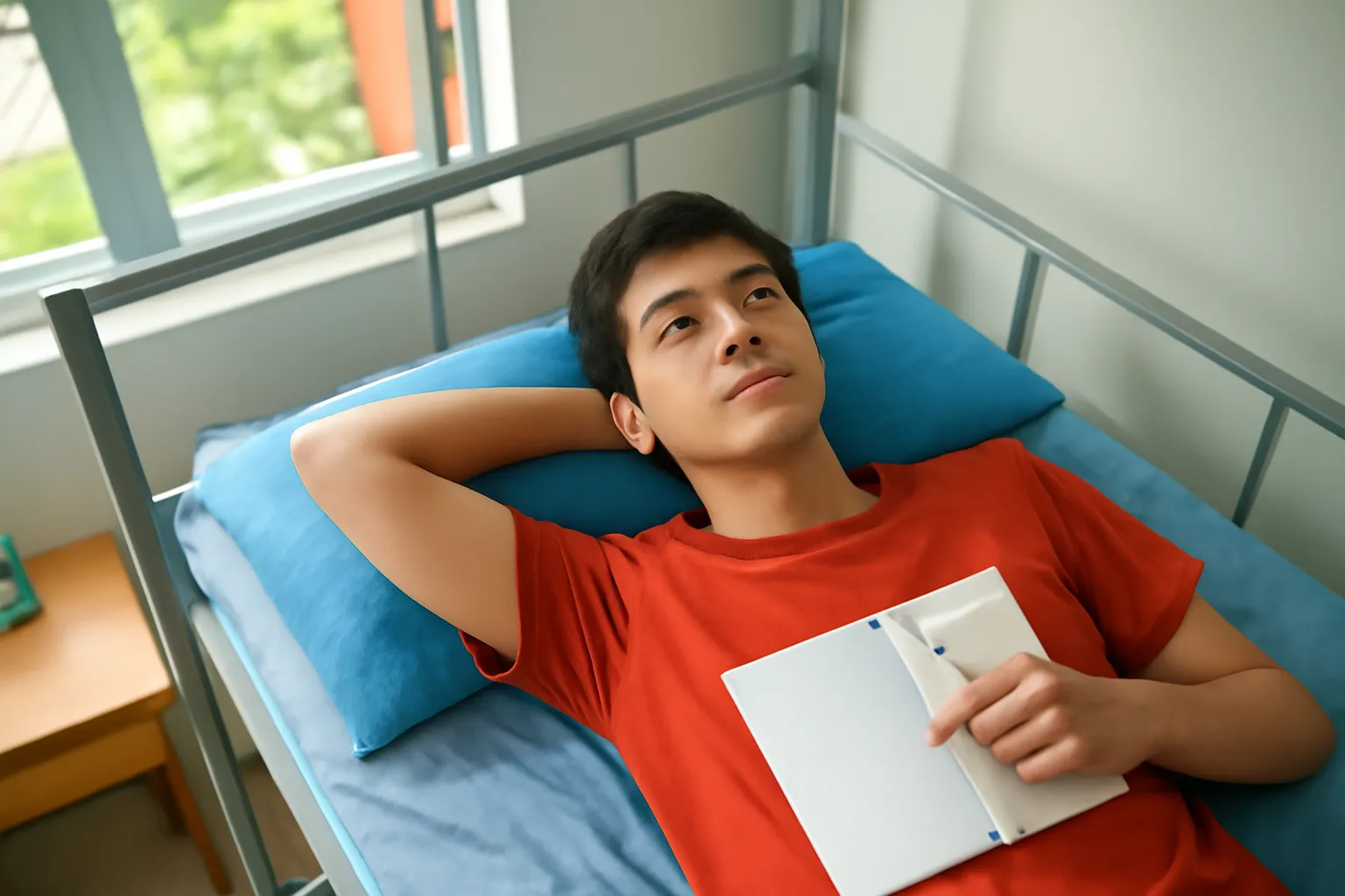 Sinh viên nằm trên giường tầng ký túc xá nhìn lên trần, tay cầm bút chì