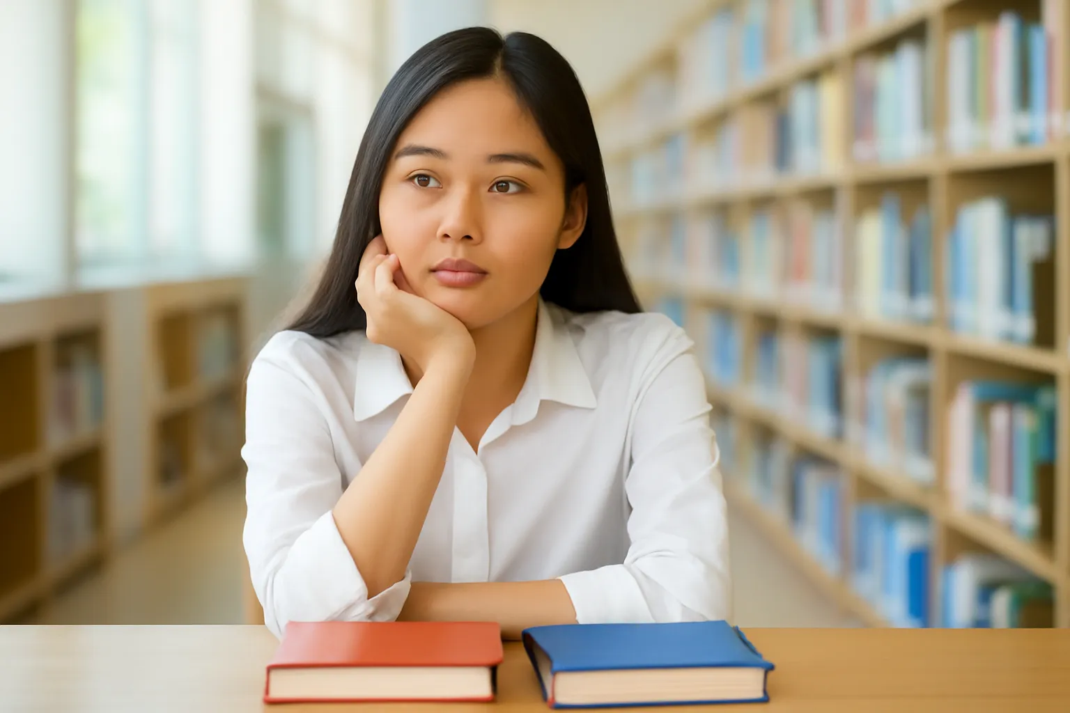 Sinh viên so sánh hai cuốn sách đóng trên bàn thư viện, vẻ suy nghĩ