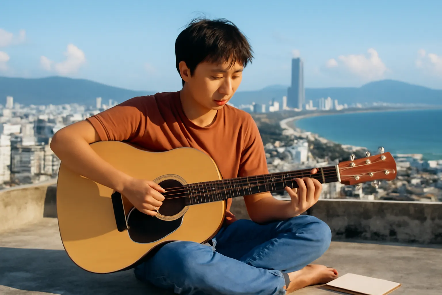 Chàng trai trẻ ôm đàn guitar trên sân thượng ở Đà Nẵng, cuốn sổ đặt bên cạnh