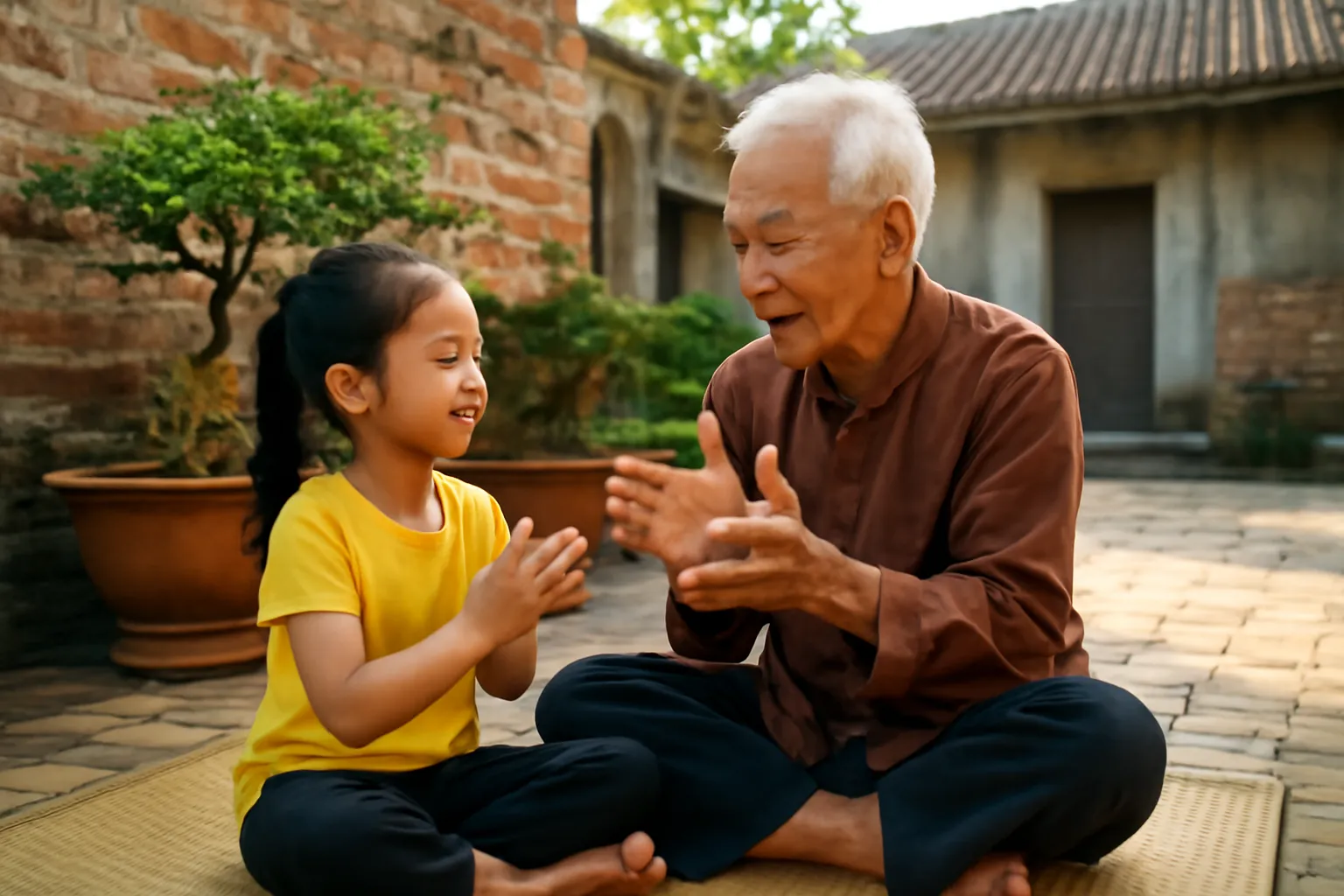 Ông nội dạy cháu gái đọc thơ trên chiếu tre ngoài sân nhà ở làng quê miền Bắc