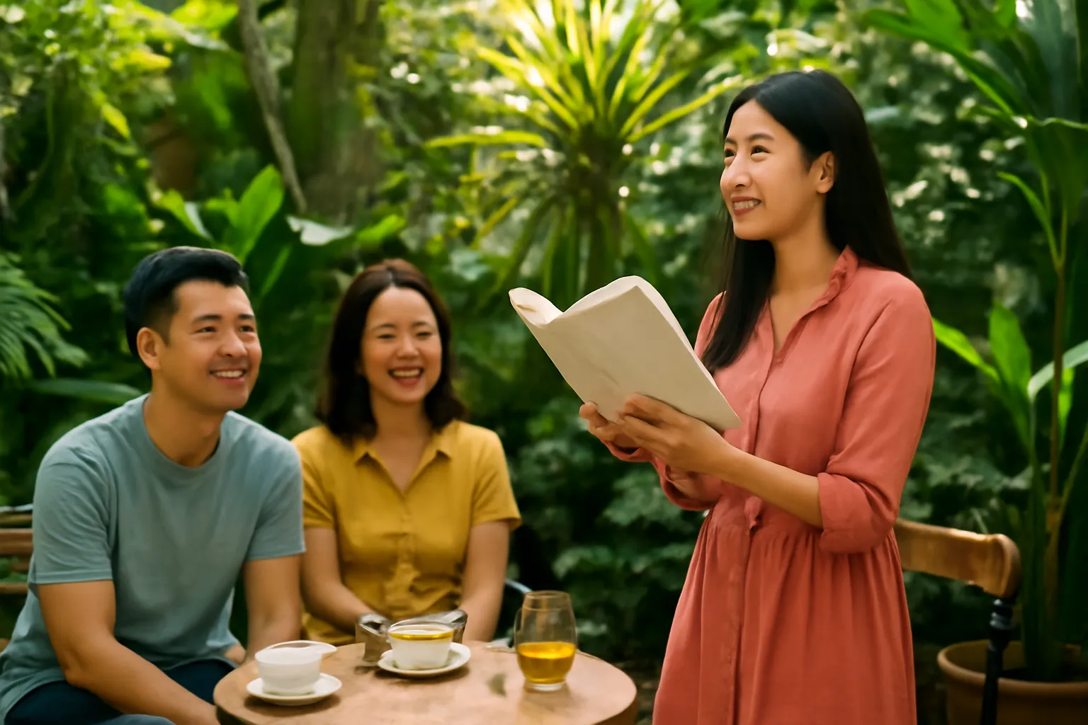 Người phụ nữ đọc thơ cho nhóm bạn nghe trong quán cà phê sân vườn ở Sài Gòn