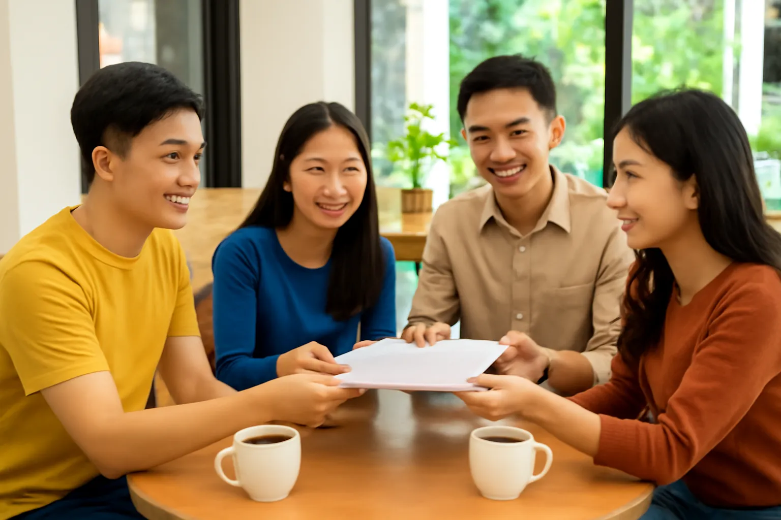 Nhóm bốn người viết ngồi quanh bàn cà phê chuyền tay nhau những trang bản thảo in