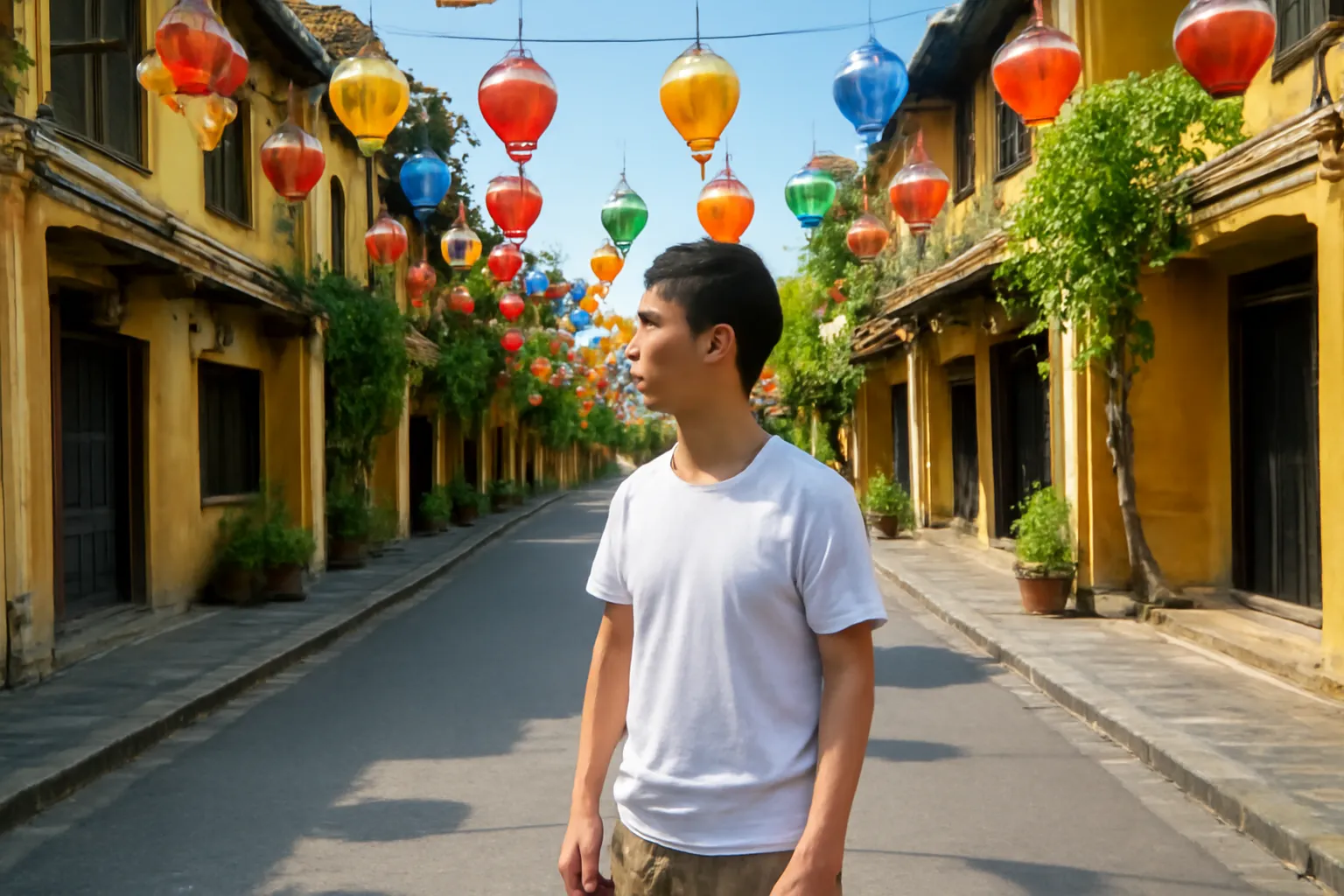 Chàng trai đứng ở ngã tư phố đèn lồng Hội An ban ngày, vẻ trầm ngâm