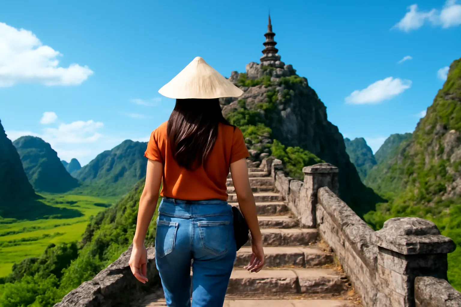 Cô gái leo bậc đá lên ngôi chùa trên núi ở Ninh Bình, nhìn từ phía sau