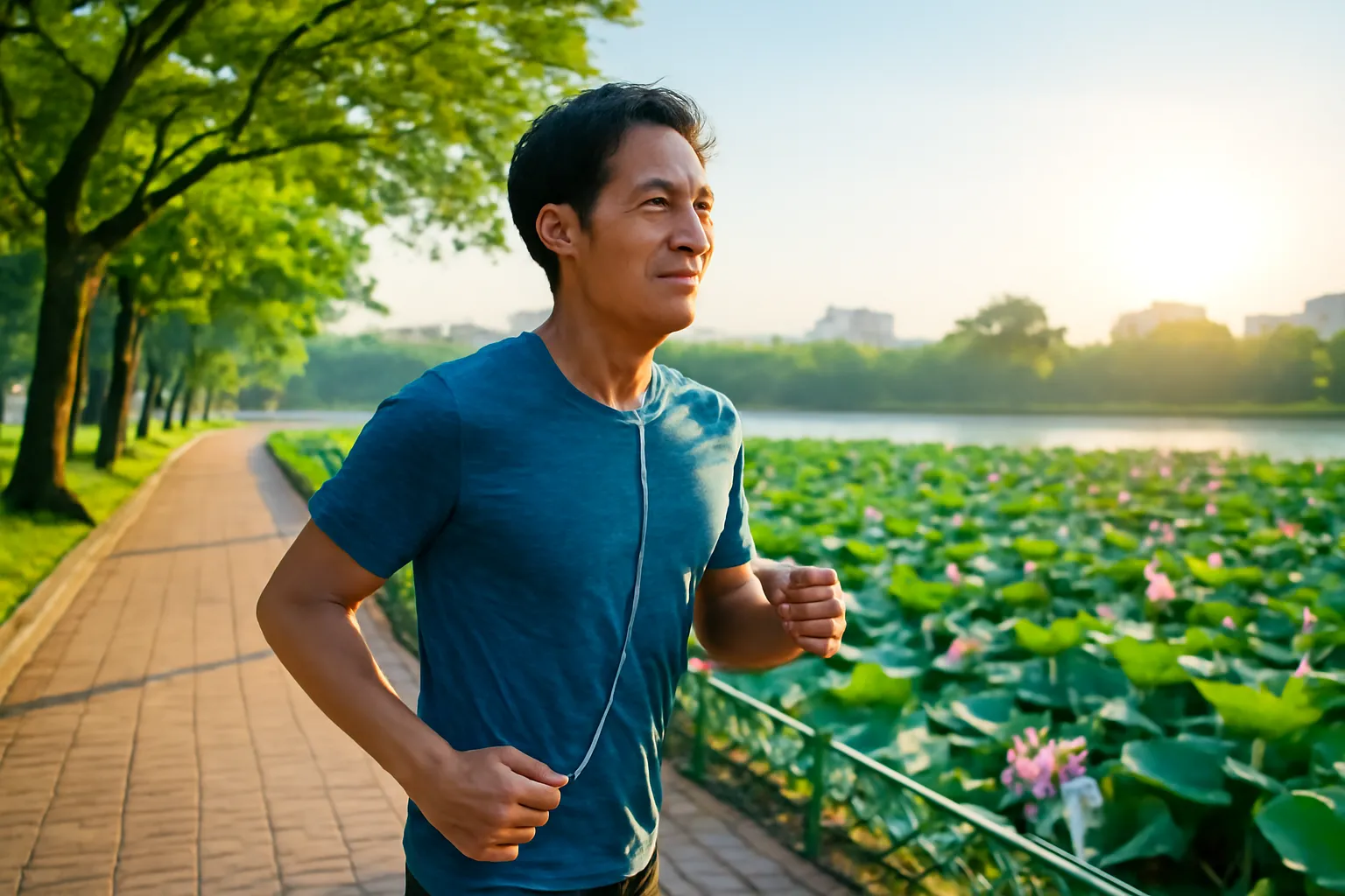 Người viết chạy bộ với tai nghe quanh Hồ Tây lúc bình minh