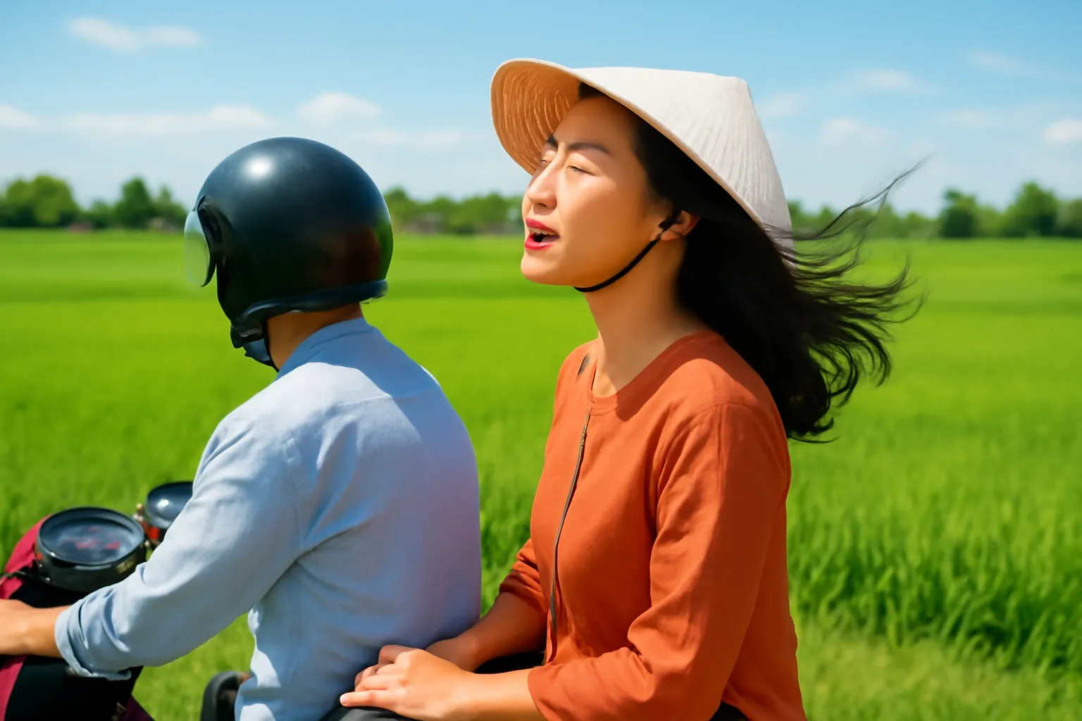 Người phụ nữ ngồi sau xe máy ngân nga hát khi đi qua cánh đồng lúa