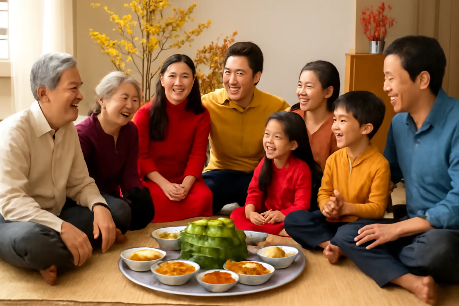 Gia đình từ nhiều vùng cười nói quanh mâm cơm trải trên chiếu ngày Tết
