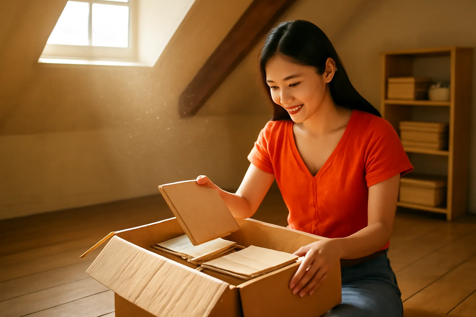 Người phụ nữ mở chiếc hộp đựng những cuốn sổ cũ trên gác, có tia nắng chiếu vào
