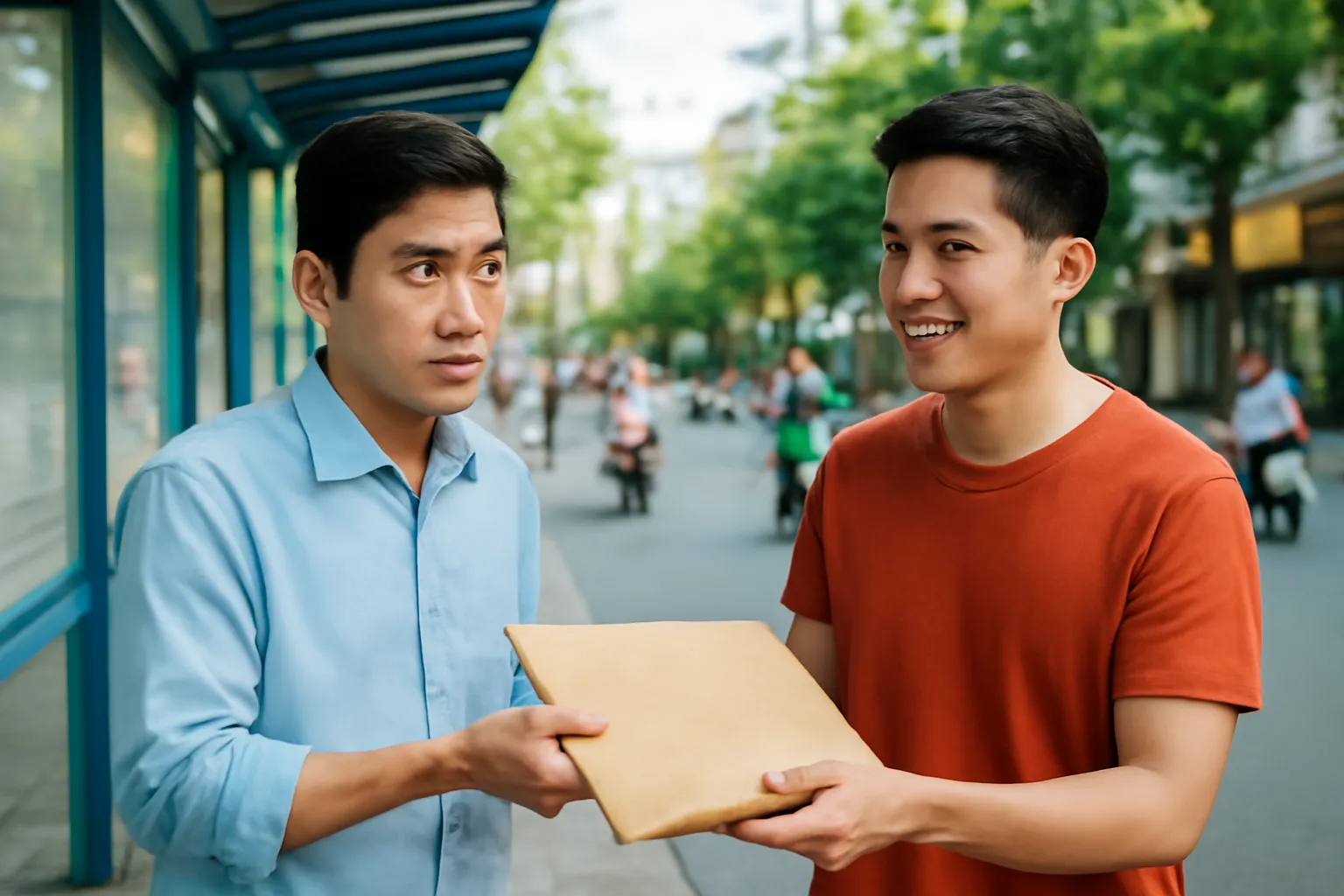 Chàng trai hồi hộp trao phong bì cho người bạn ở trạm xe buýt