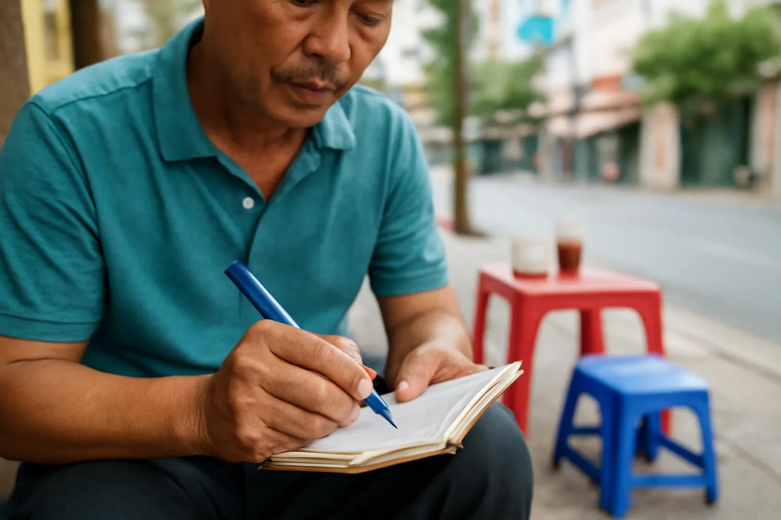 Người đàn ông ngồi ghế nhựa quán cà phê vỉa hè ghi chép vào sổ tay nhỏ