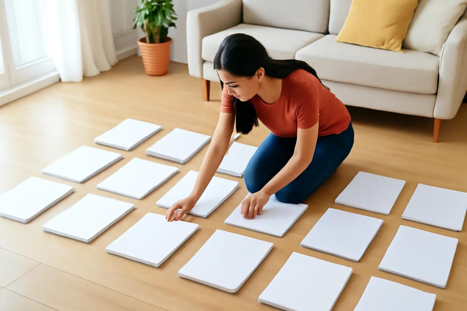 Người viết trải các trang bản thảo thành từng nhóm trên sàn nhà, nhìn từ trên cao