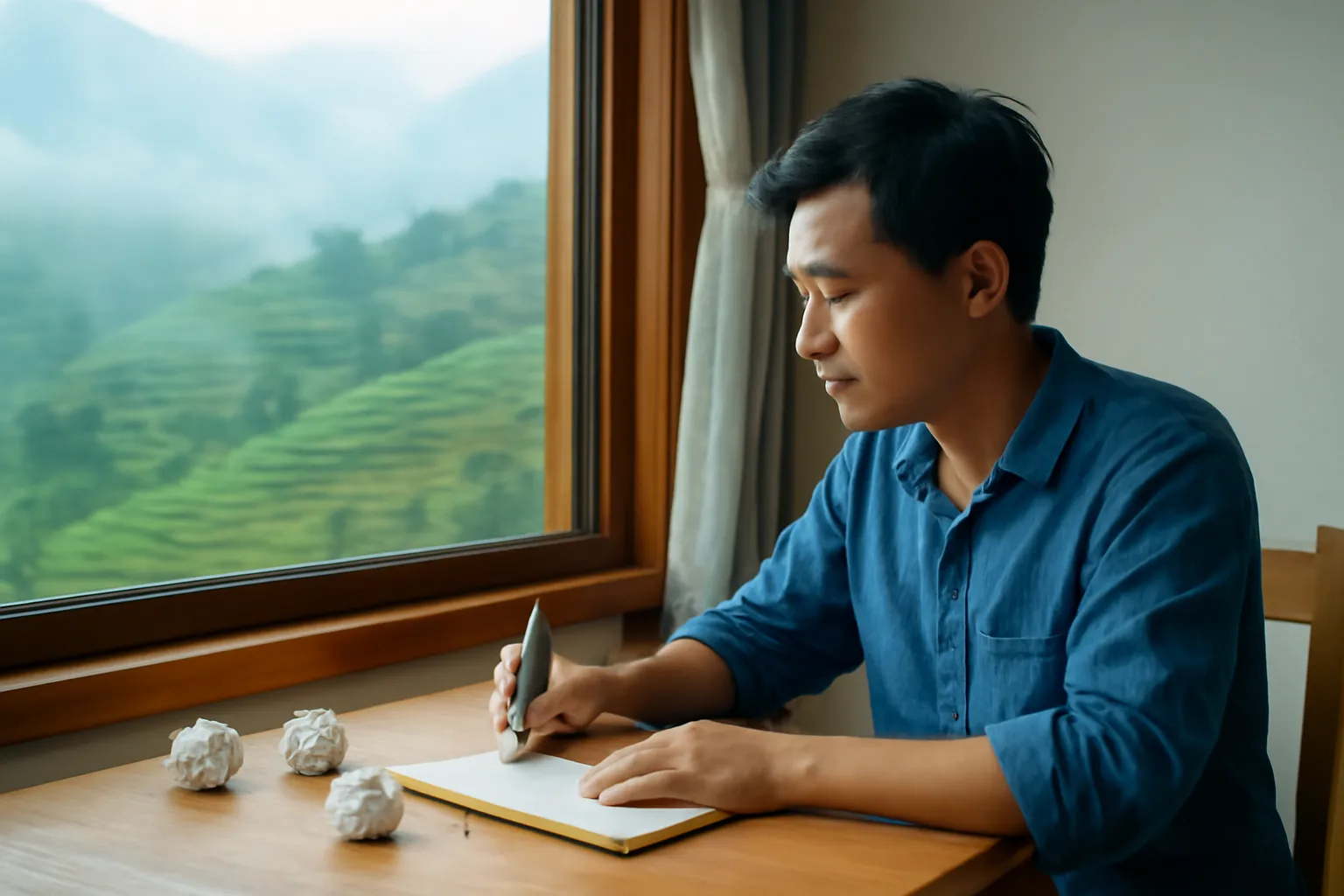 Người làm thơ ngồi bàn cạnh cửa sổ homestay Sa Pa với những viên giấy vo tròn, đồi sương bên ngoài
