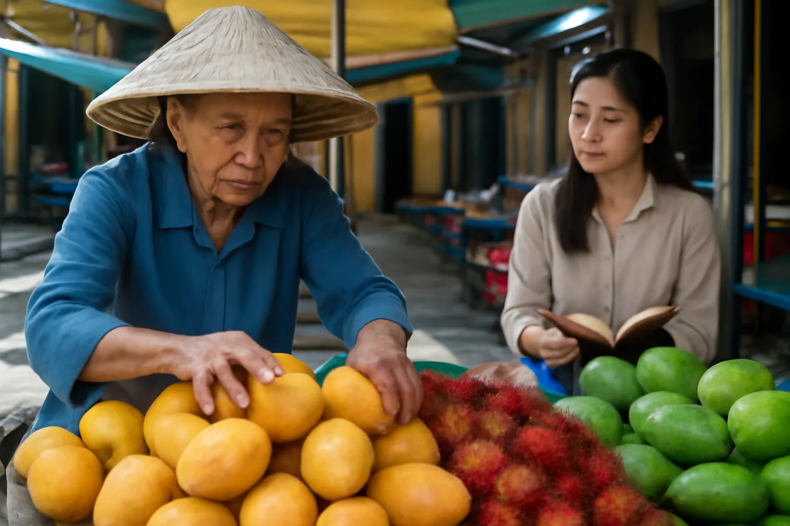 Bà cụ bán trái cây xếp hàng ở chợ Hội An, người viết quan sát từ sạp bên cạnh