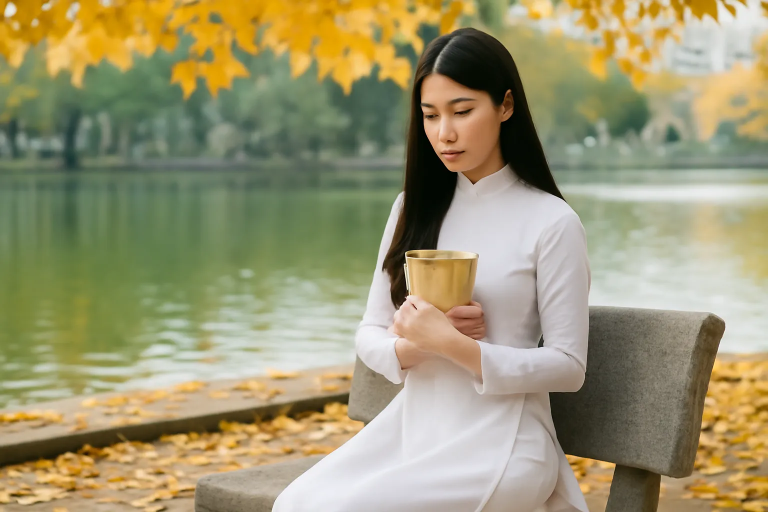 Cô gái trẻ ngồi đọc sách lặng lẽ trên ghế đá ven hồ Hà Nội mùa thu