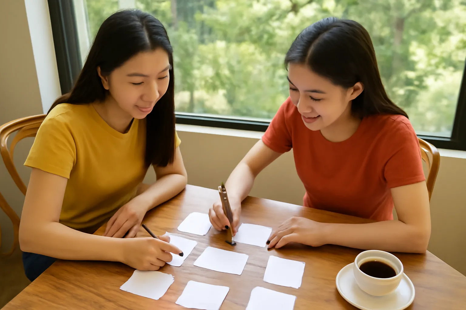 Hai người bạn ở quán cà phê Đà Lạt vẽ mũi tên lên những tấm thẻ giấy trắng
