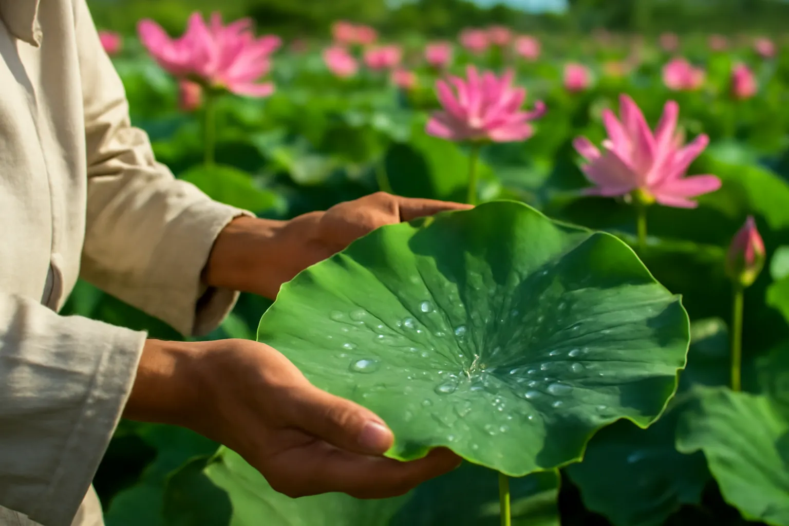 Người làm thơ cầm lá sen đọng giọt nước giữa đầm sen Đồng Tháp, cận cảnh