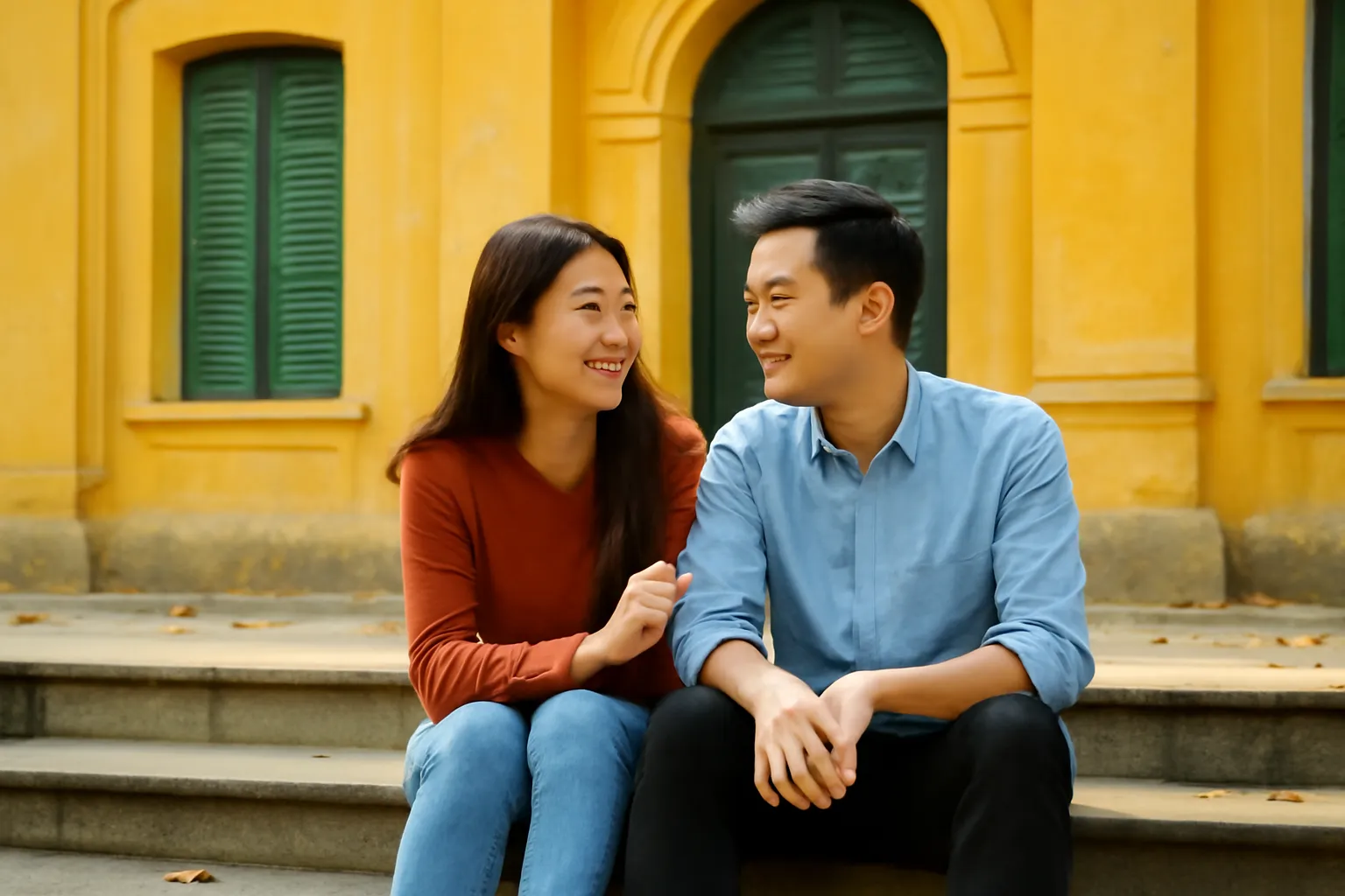 Đôi bạn trẻ chia nhau tai nghe ngồi trên bậc thềm toà nhà kiểu Pháp ở Hà Nội