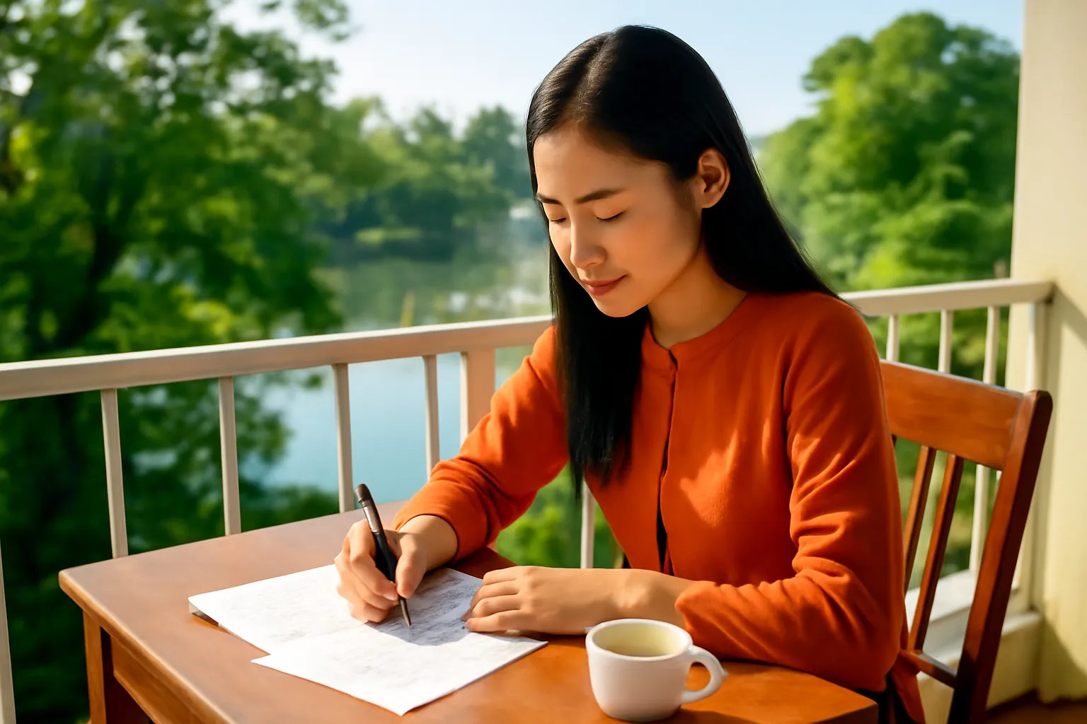 Nữ nhà văn ngồi bàn viết nhỏ ngoài ban công ở Huế với một tách trà buổi sáng
