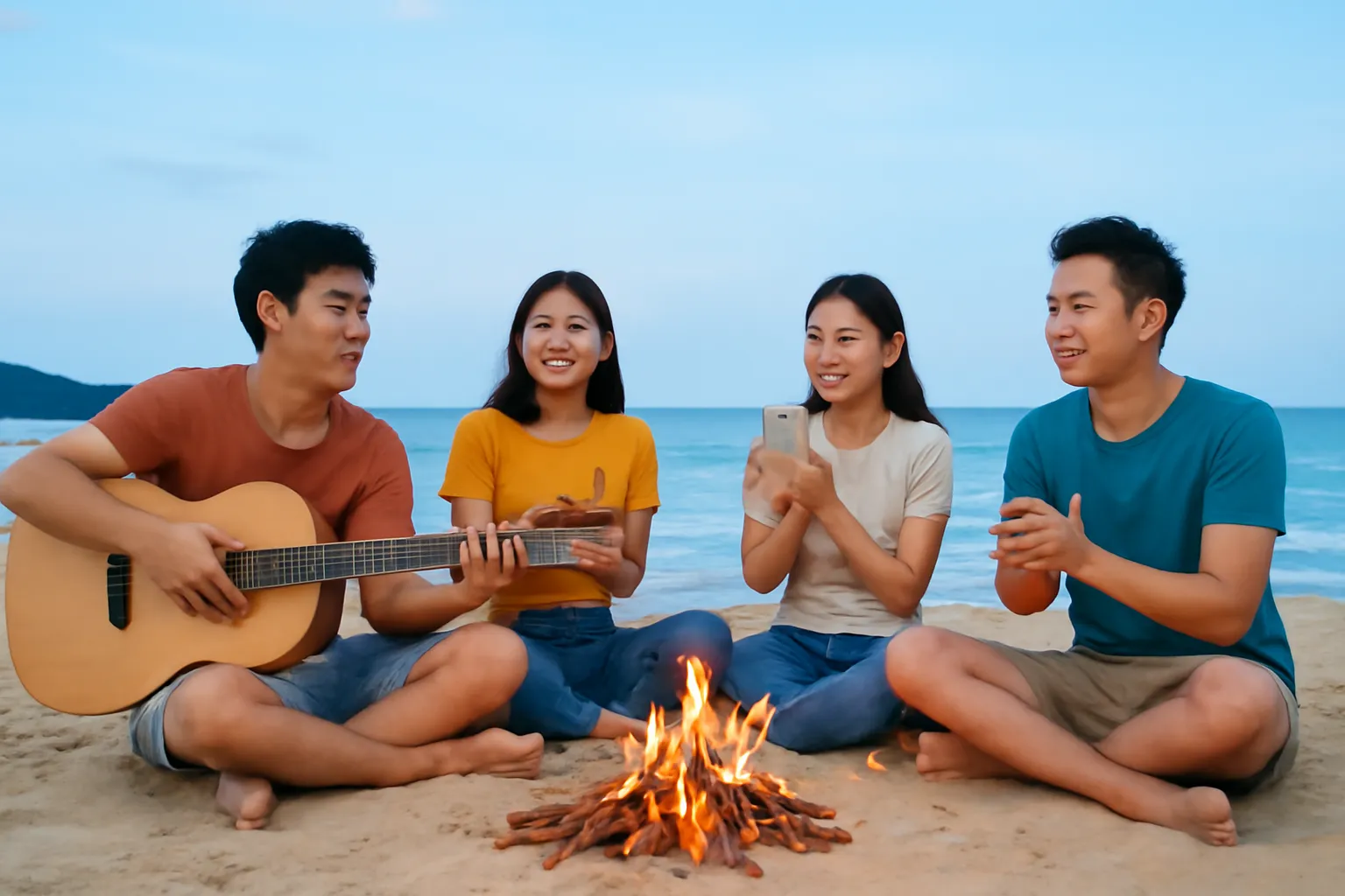 Nhóm bạn trẻ hát quanh đống lửa trên bãi biển Phú Yên lúc chiều tối