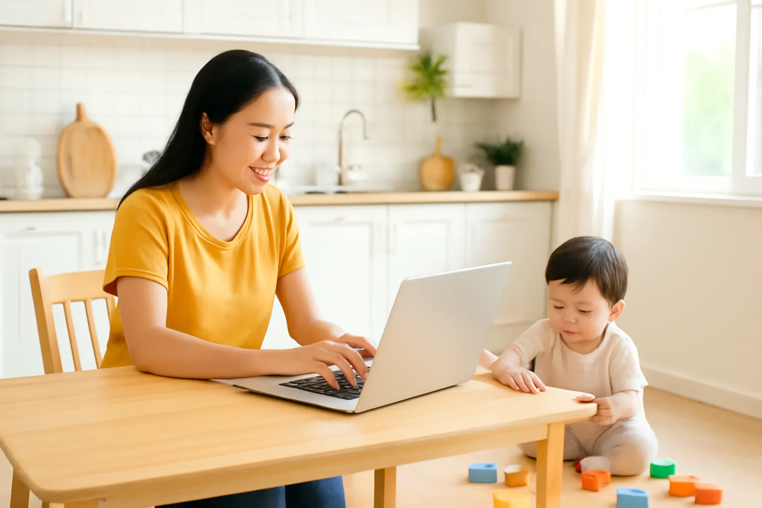 Người mẹ viết trên máy tính ở bàn bếp trong khi đứa con nhỏ chơi gần đó
