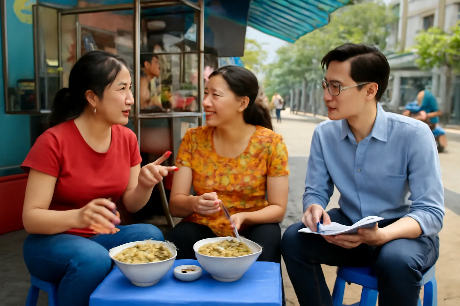 Hai người phụ nữ trò chuyện rôm rả ở quán ăn vỉa hè Sài Gòn, người viết ngồi nghe gần đó