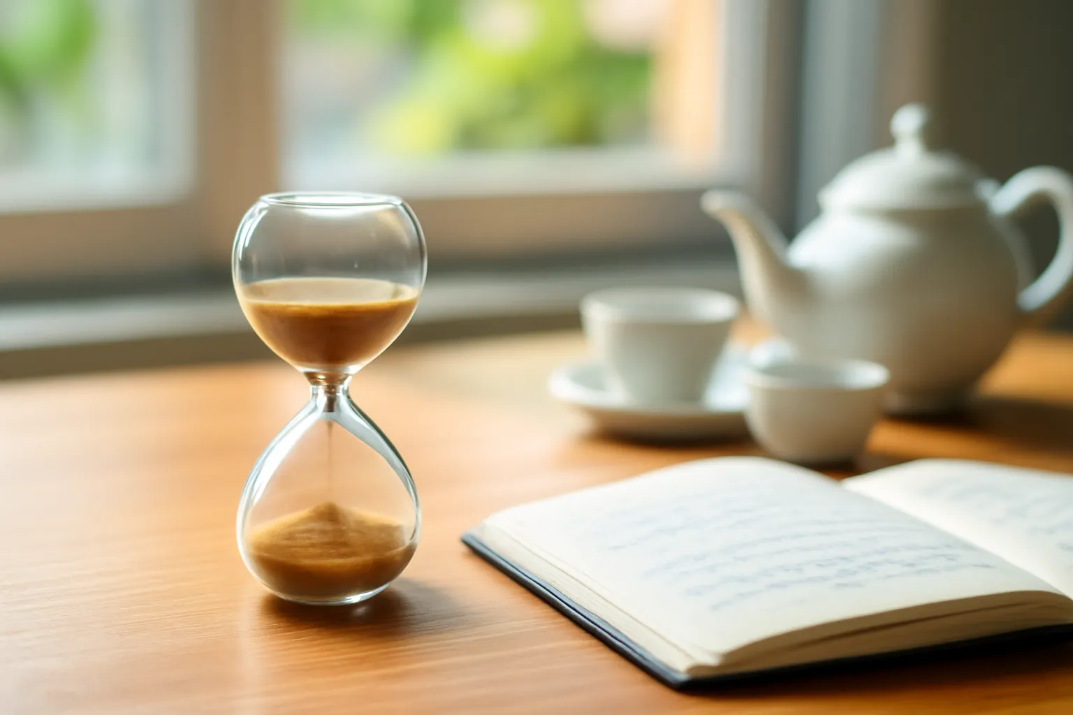 Đồng hồ cát đặt cạnh cuốn sổ trên bàn buổi sáng bên cửa sổ