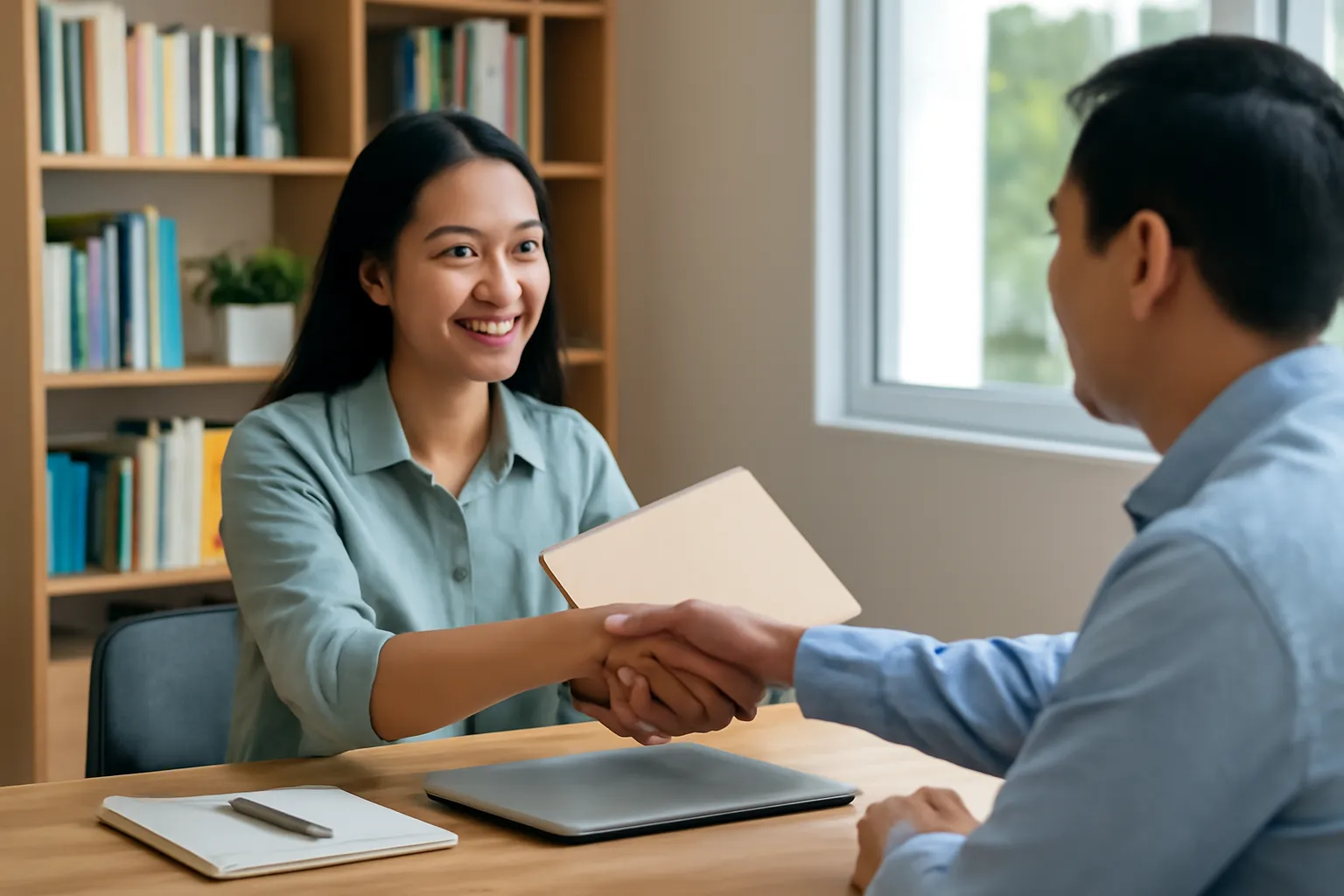 Người viết tự do trao tập hồ sơ cho khách hàng tại bàn làm việc ở nhà, bắt tay