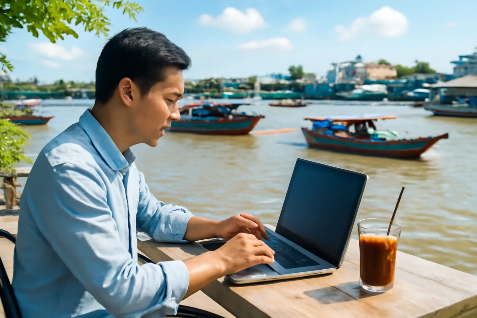 Người viết ngồi quán cà phê Cần Thơ với máy tính xách tay quay lưng ra ngoài, ly cà phê đá