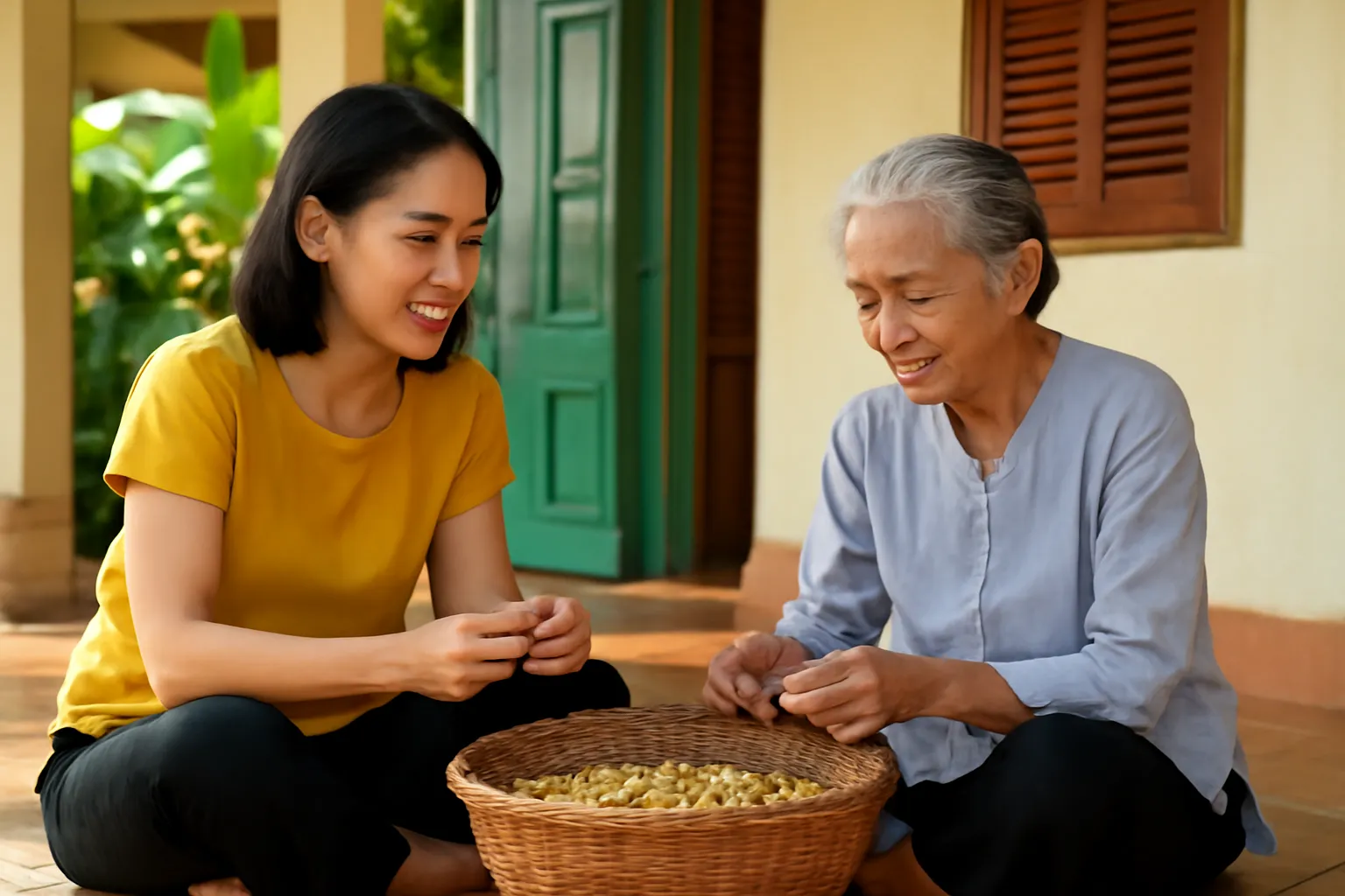 Người phụ nữ ngồi hiên nhà miền Tây cùng mẹ già bóc đậu phộng
