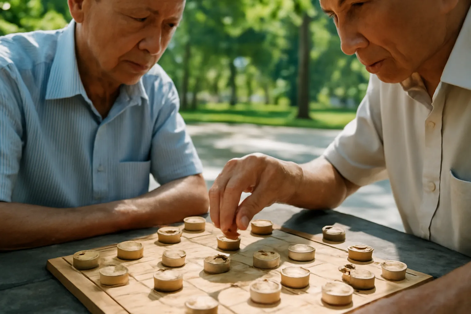 Hai ông lão chơi cờ tướng trong công viên Hà Nội, cận cảnh bàn tay và quân cờ