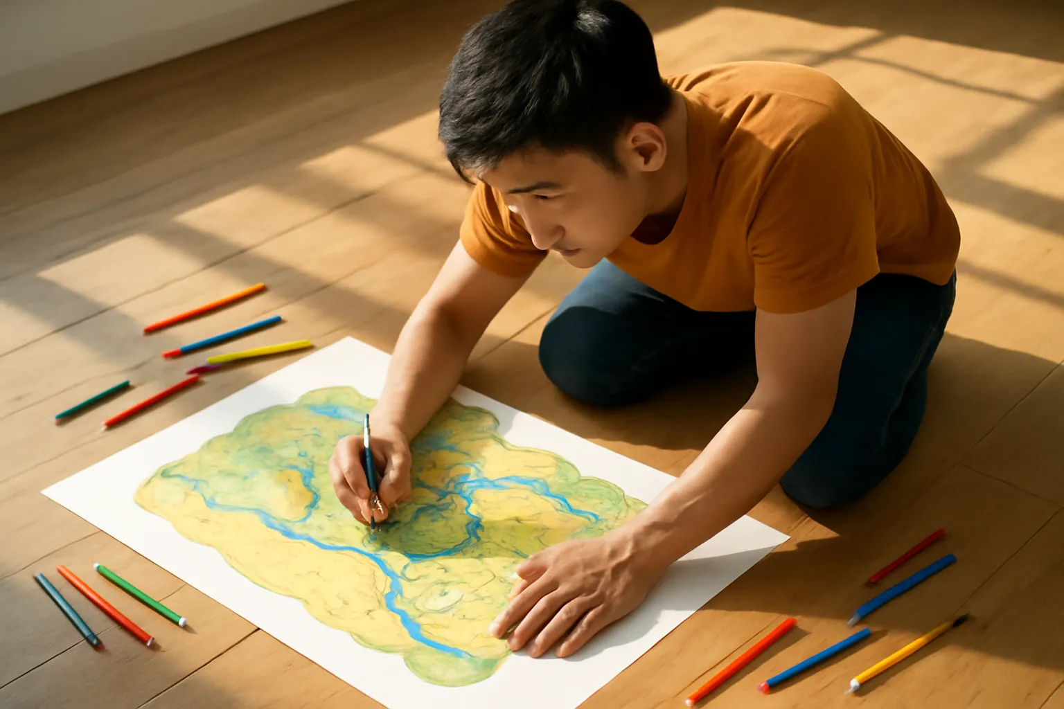 Chàng trai vẽ bản đồ tưởng tượng trên tờ giấy lớn trải dưới sàn, nhìn từ trên xuống