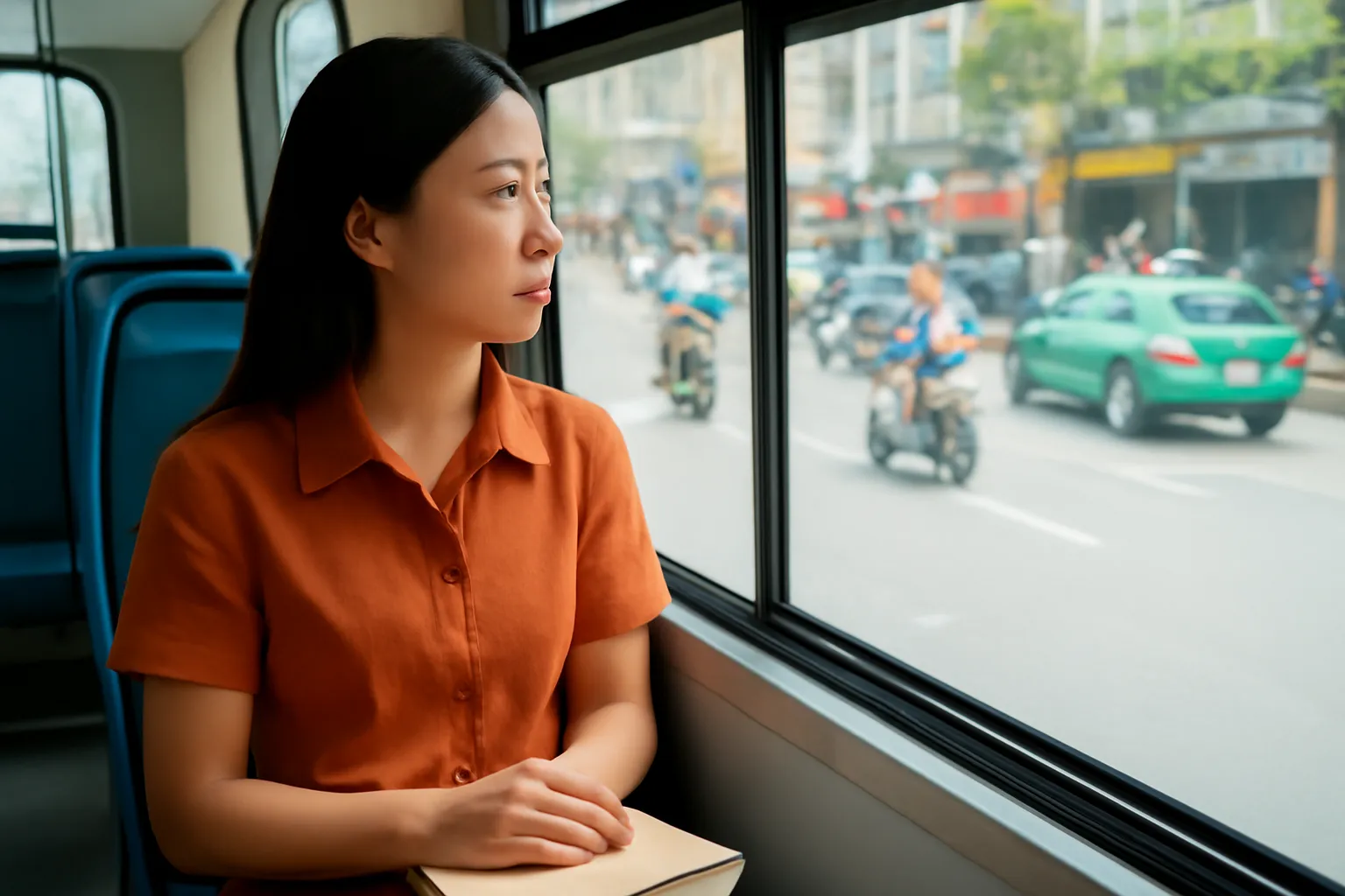 Cô gái ngồi cạnh cửa sổ xe buýt ở Hà Nội nhìn ra phố, sổ tay đặt trên đùi